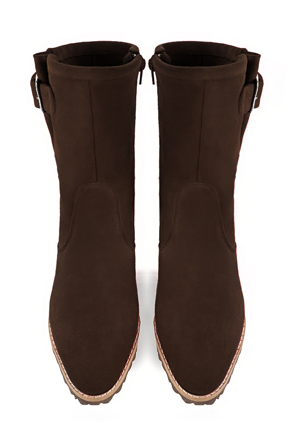 Dark brown women's ankle boots with buckles on the sides. Round toe. Medium block heels. Top view - Florence KOOIJMAN